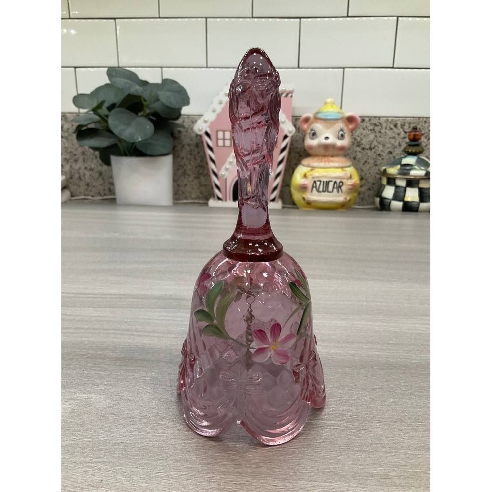FENTON BELL PINK GLASS W/ RIBBONS FLOWERS SIGNED